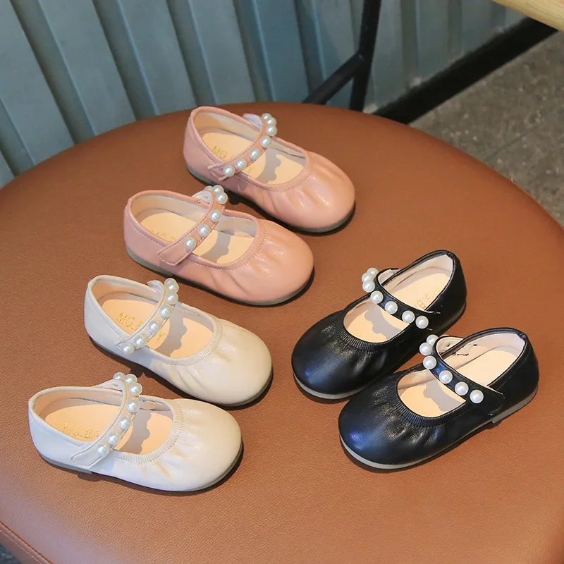 Kids Spring Autumn Children Leather Shoes 2024 Fashion Pearl Baby Toddler Girl Princess Shoes School Girls Flat Dress Shoe 21-30