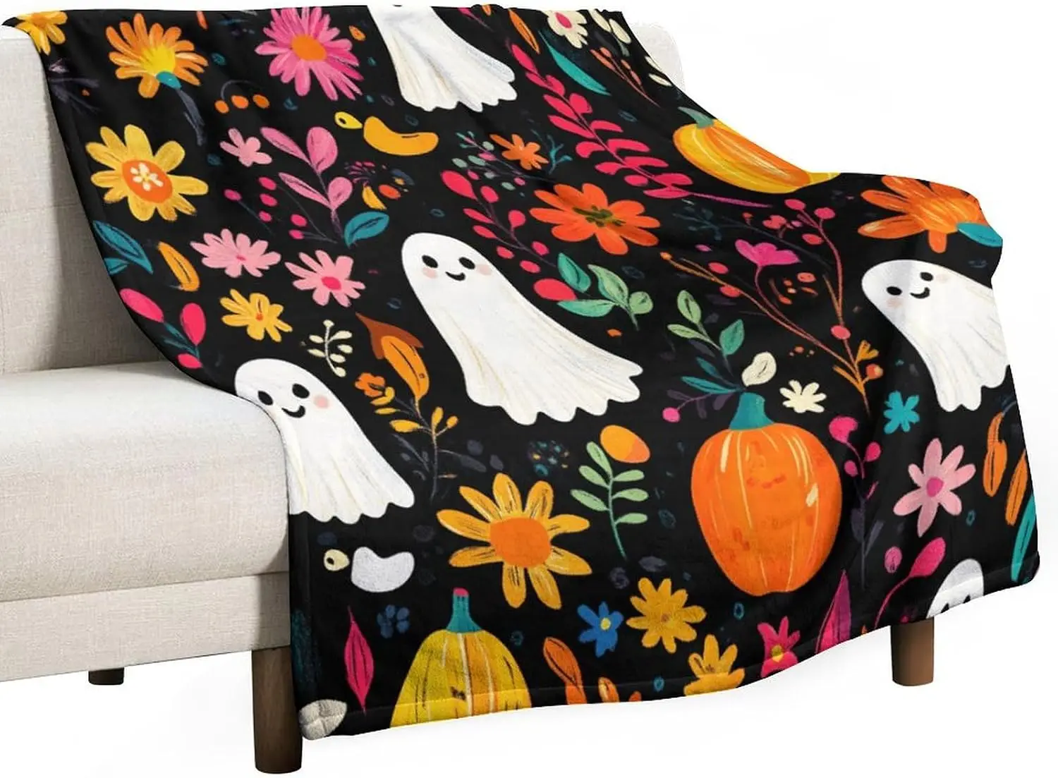 Colorful Floral Ghost Flannel Throw Blanket, Soft Cozy Warm Fleece Gothic Pumpkin Halloween Blanket for Couch Sofa Bed, 50x70 Inch