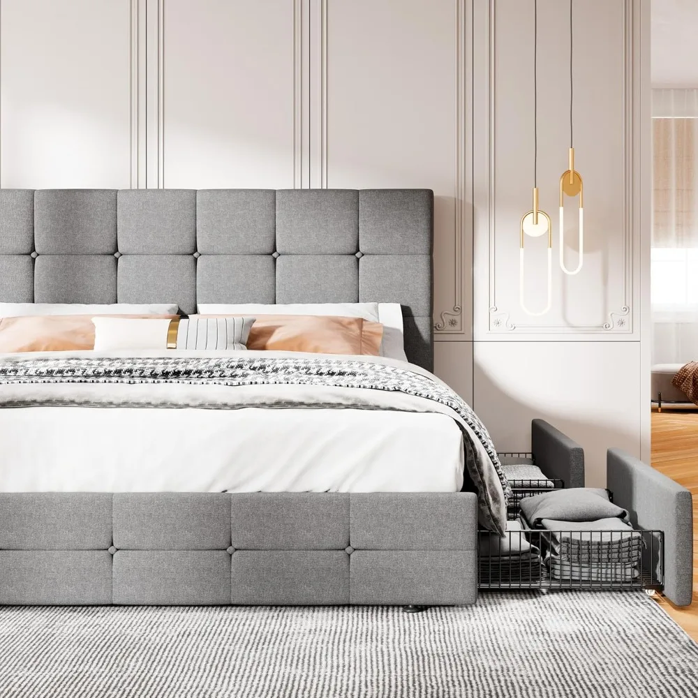 إطار سرير بحجم كينج مع 4 أدراج تخزين، سرير بمنصة منجدة مع لوح رأسي قابل للتعديل بخياطة مربعة، بدون صندوق S