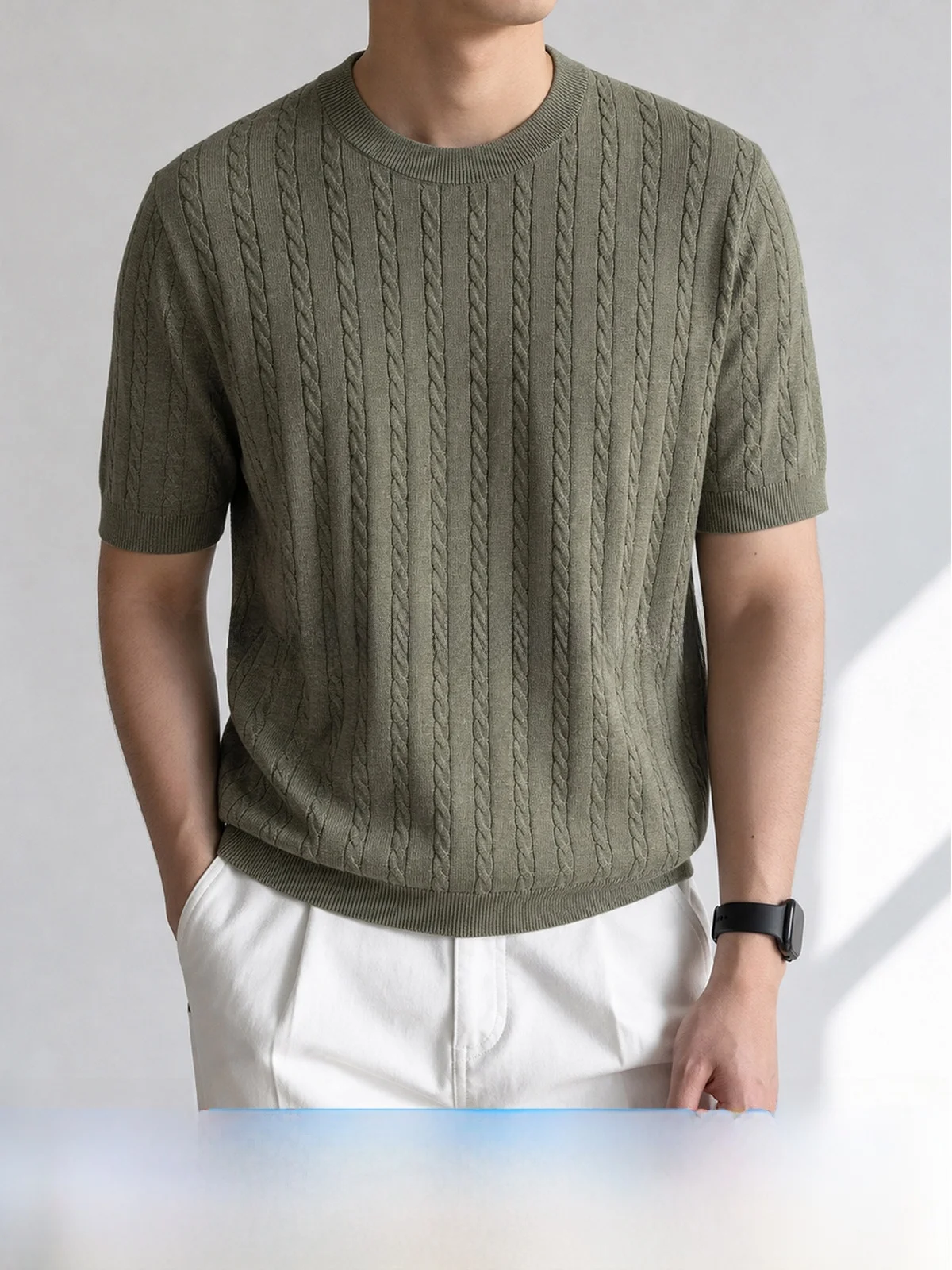 Business Casual Knitted Short Sleeve round Neck Top Men's Autumn Casual Wool Blend Twisted Weave Stripe Knitwear T-Shirt