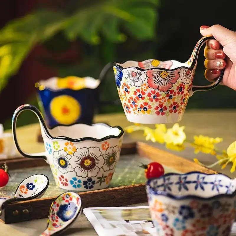 Bohemian hand-painted floral single handle ceramic cup with lace, big belly breakfast cup, vintage oat bowl, milk cup