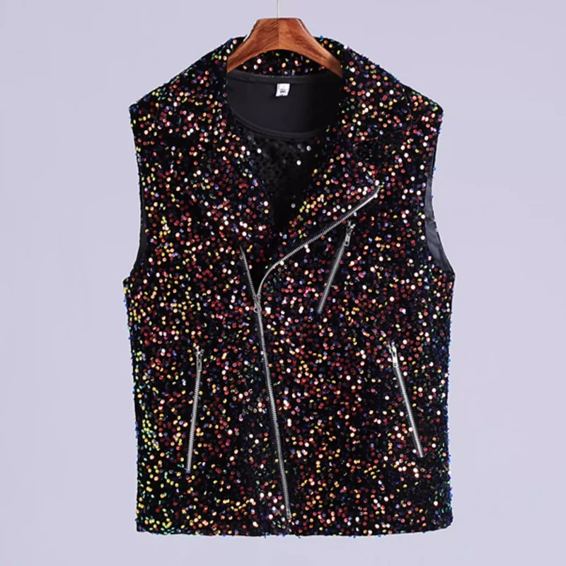 

Мужской сценический жилет с пайетками, блестящий, разноцветный, на молнии, в стиле мотоциклетной куртки, повседневный, для выступлений, танцев, в стиле рок-панк