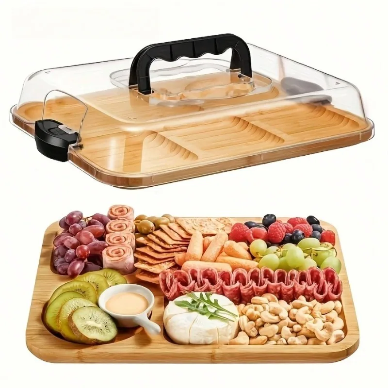 

Bamboo Cheese Tray With Safety Sealed Acrylic Lid - Portable Bamboo Snack Plate For Camping,Parties And Restaurants.Suitable For