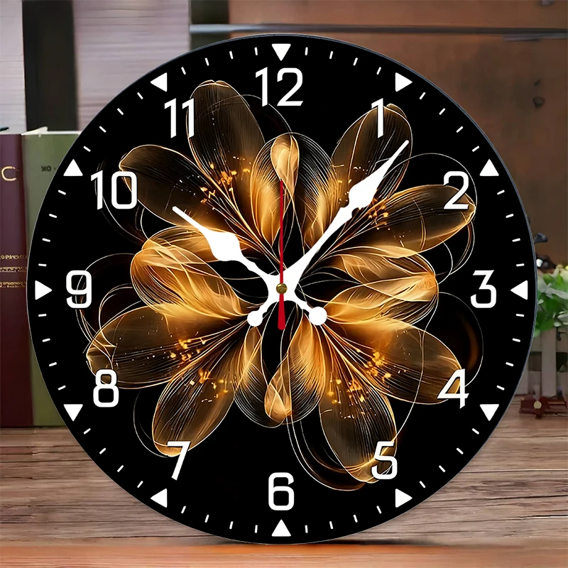 Golden Thread Flower Wooden Round Silent Hanging Wall Clock, Suitable For Living Room,Office,Study Room,Bedroom, Home Decoration