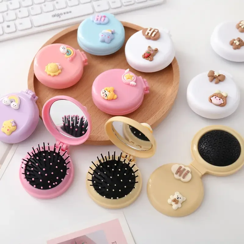 1Pcs Mini Cartoon Hair Comb with Mirror, Portable Folding Brush for Women & Girls