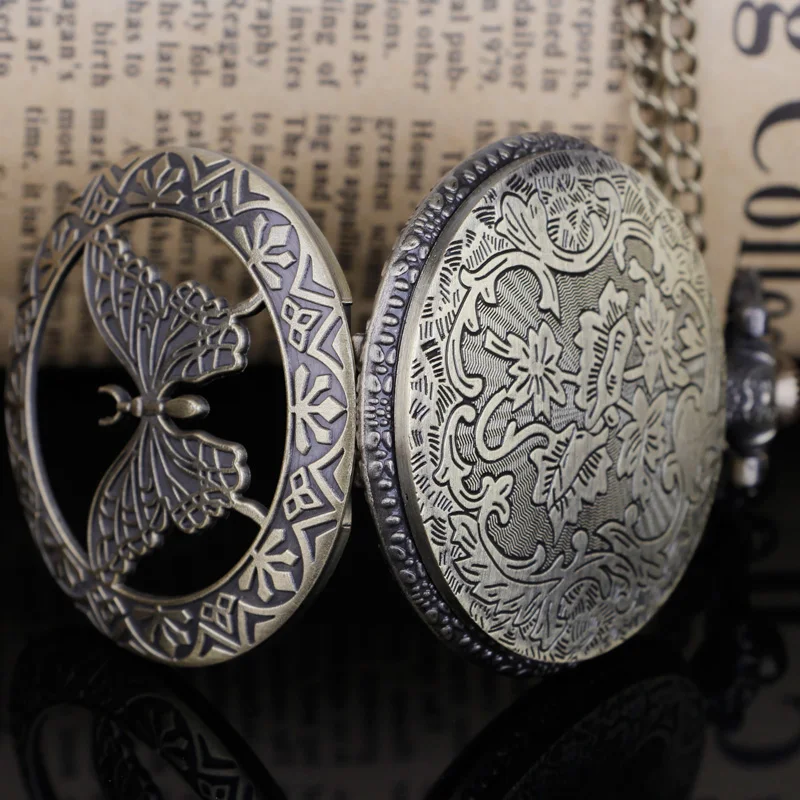 여성용 빈티지 청동 속이 빈 나비 포켓 시계 목걸이 펜던트 쿼츠 스팀펑크 남성용 목걸이 펜던트 체인 포함 선물