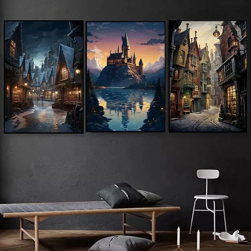 Magical School Wizard Poster Vintage H-Hogwarts Castle Witchcraft Canvas Wall Art for Dorm Living Room Home Decor Mural