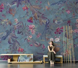 Papel de parede 3D pintado à mão americano, mural de flor rosa, parede do fundo do pássaro, arte personalizada, sala de estar