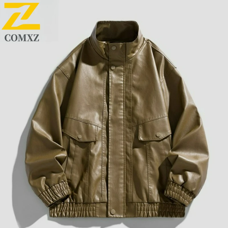 COMXZ Premium Men Leather Jacket Fashion Classic Outdoor Travel Leather Coat Casual Daily Style Windproof Autumn Clothing