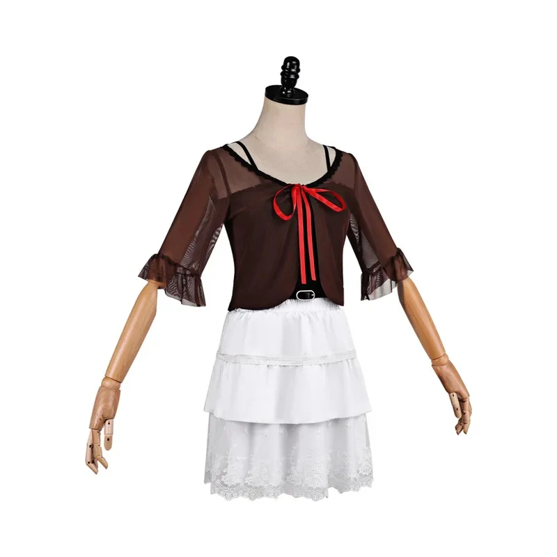 UUI1Mio Fantasia de Cosplay Amakura com Peruca do Jogo Fatal Frame II: Crimson Butterfly, Top Marrom Transparente e Saia em Camadas de Renda Branca para Halloween