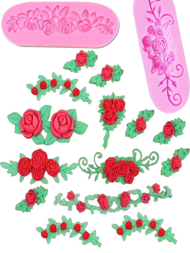 Kinds of Leaves Rose Flower Silicone Moulds Fondant Border Cake Decorating Tools Gumpaste Chocolate Soap Clay Resin Molds F1144
