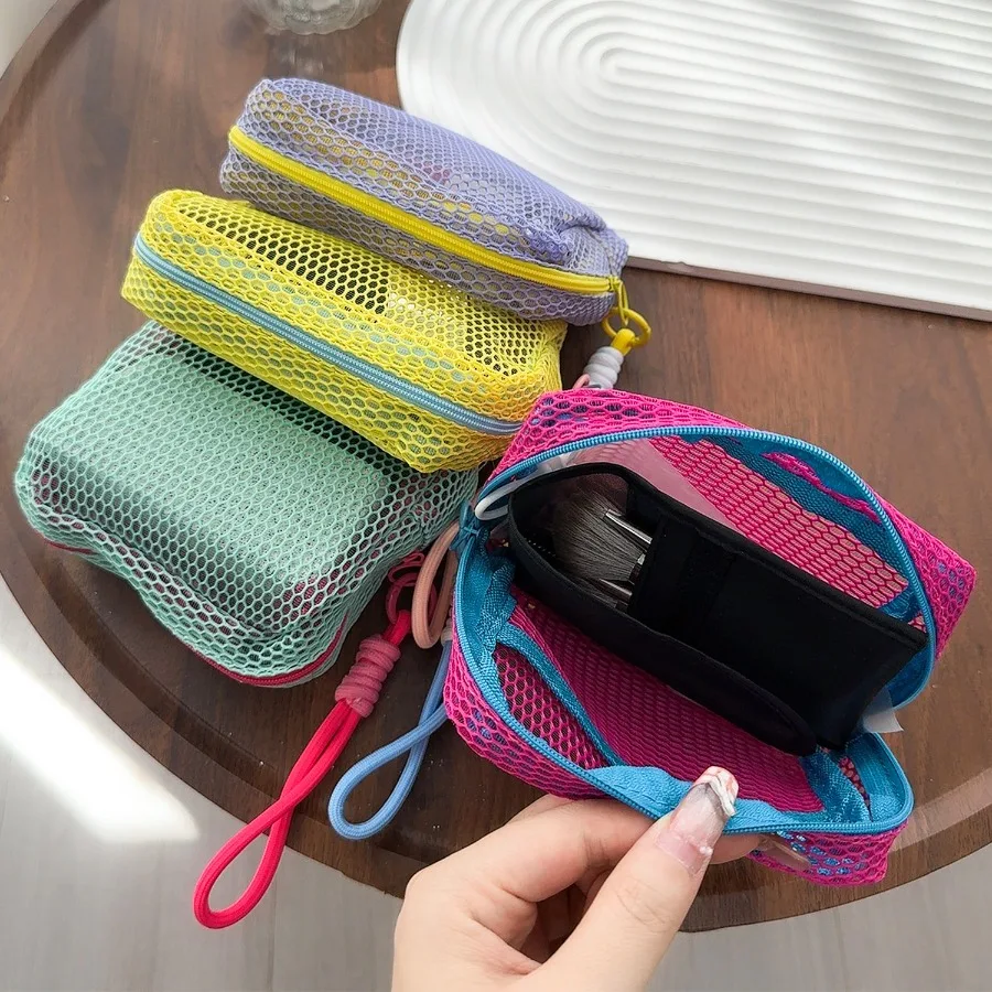 Dopamin Mesh Organizer Aufbewahrungstasche Tragbare Mini Geldbörse mit Reißverschluss Mini Kulturbeutel Federmäppchen Reise Kosmetik Aufbewahrungstasche