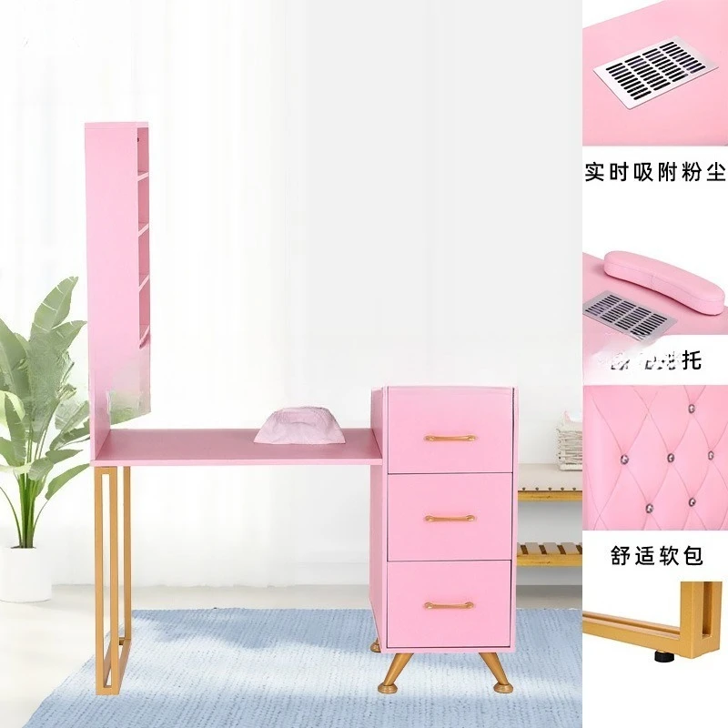 Pink gilt manicure table Built-in vacuum cleaner with wrist pad Partitioned storage manicure table