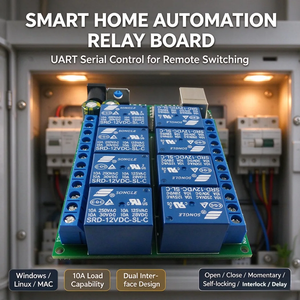 8 Channel UART Serial Relay Module CH340 USB TTL RS232 AT Command Delay Self-locking Interlock Home Automation