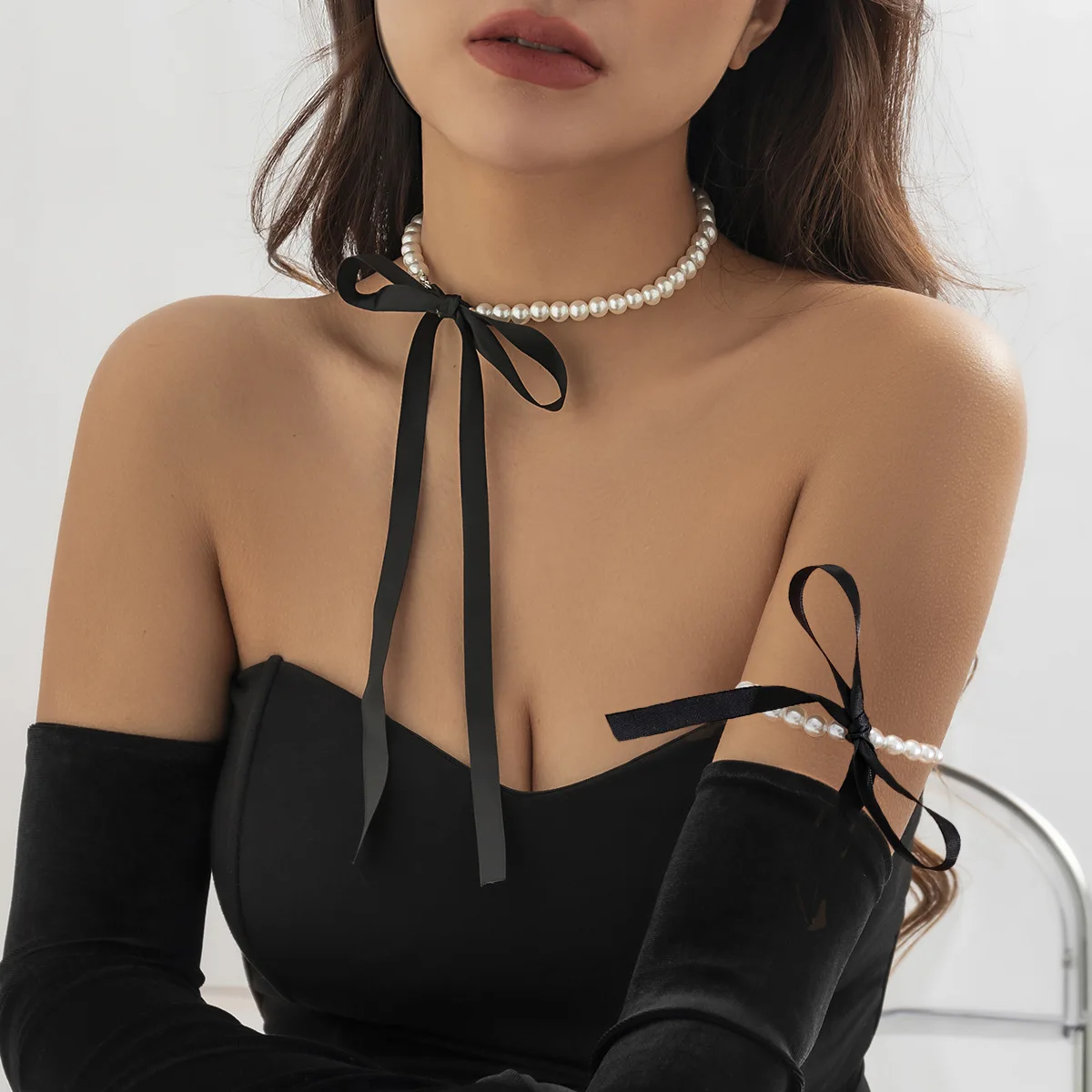 Accessories, retro French court pearl neck chain, simple DIY flannel bow necklace with temperament
