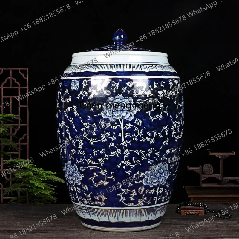 Ceramic rice bucket oil tank with lid, rice tank hand-painted drawing real gold craft storage tank, decoration