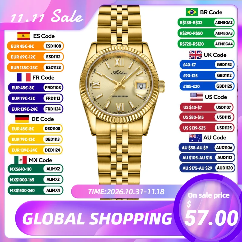 Addies 28mm Women's Quartz Watch Sapphire Crystal 316L Stainless Steel BGW9 Super Luminous 50M Waterproof Date Business Watch
