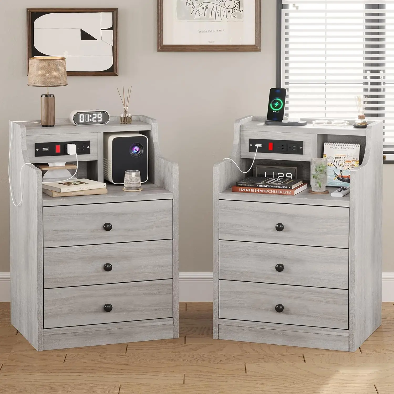 Nightstand Set 2,Gray Nightstand with Charging Station & Hutch,Night Stands for Bedrooms Set of 2,Bedside Table with Dr