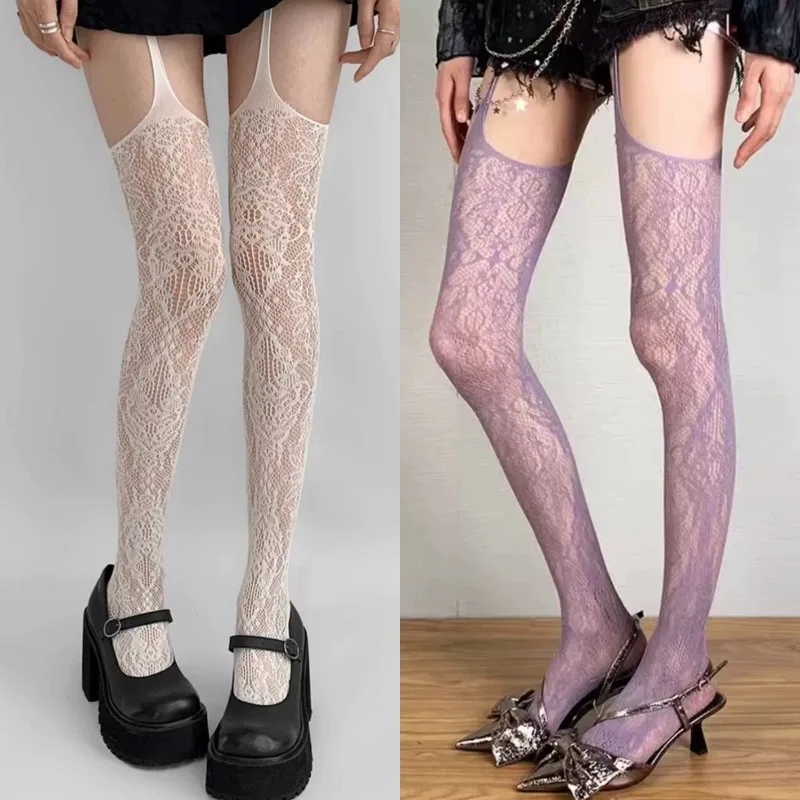 Lolita Süße Mädchen Punk-Stil Blumenstrumpfhose Bunte Oberschenkelhohe Strümpfe Transparente Netzstrumpfhose Strumpfgürtel Strumpfhosen – Detail 1