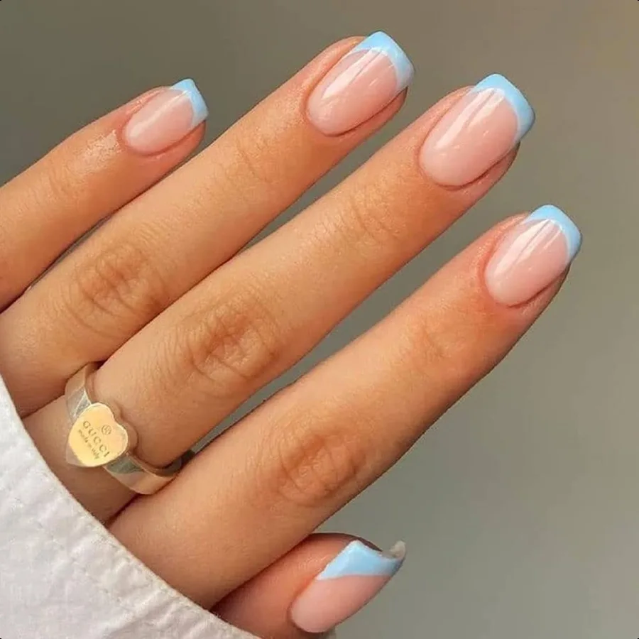 

Pr on French Tip Nails Овальные кончики Глянцевые накладные ногти с дизайном Акриловые ногти с полным покрытием Синие