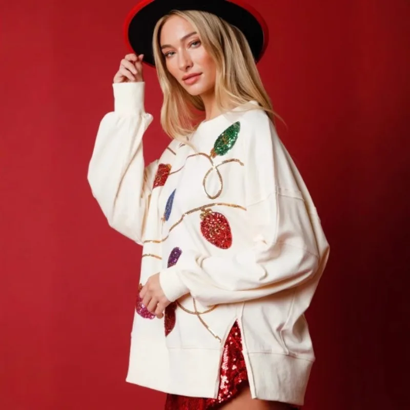 Fashion Sequin Sweatshirts Split Women Cotton Long Sleeves Pullovers Spring Women Tops Loose Hoodie Women Clothing