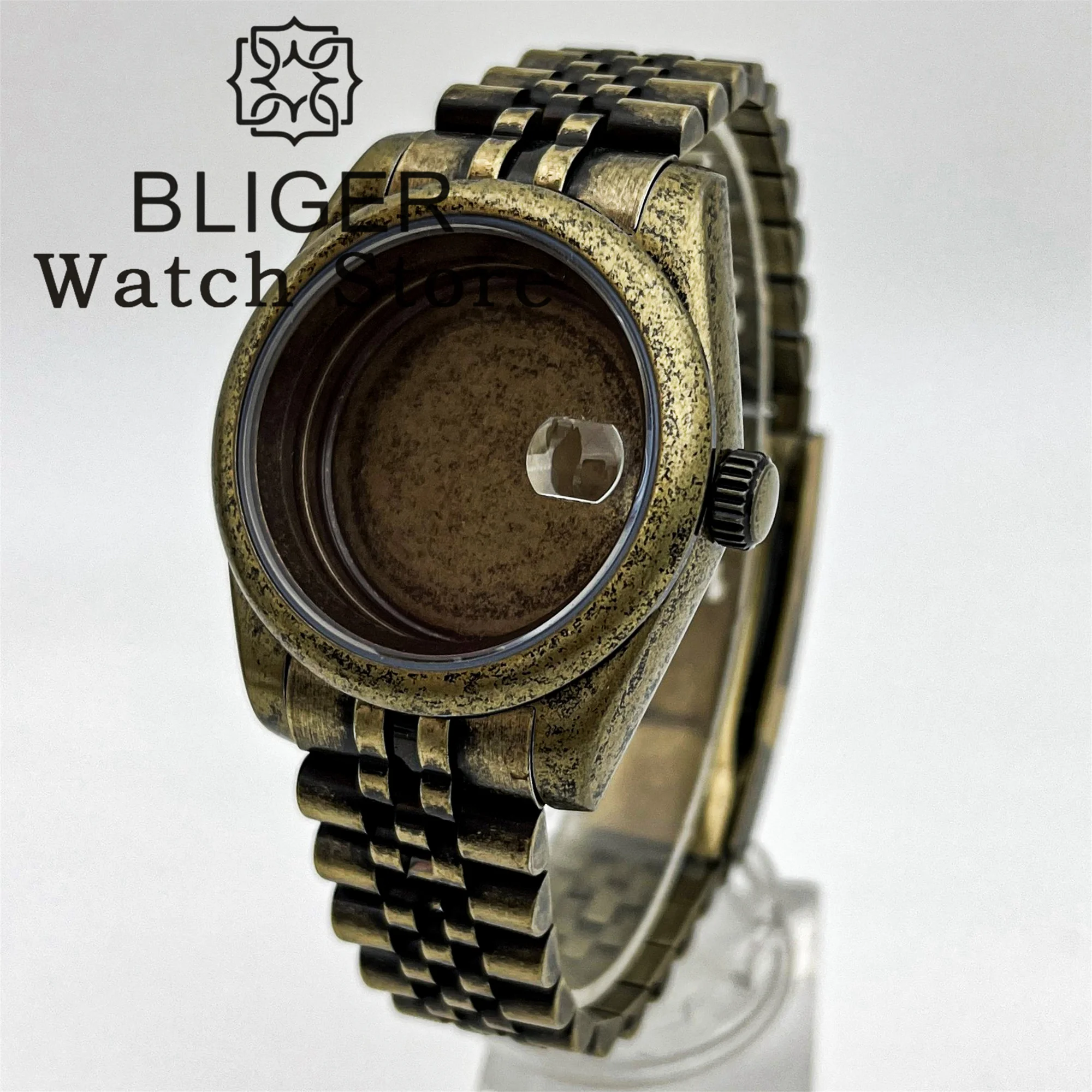 

BLIGER 39mm Bronze Brushed Watch Case With Bracelet Round Bezel Sapphire Fit NH34 NH35 NH36 ETA2824 PT5000 Movement Screw Crown