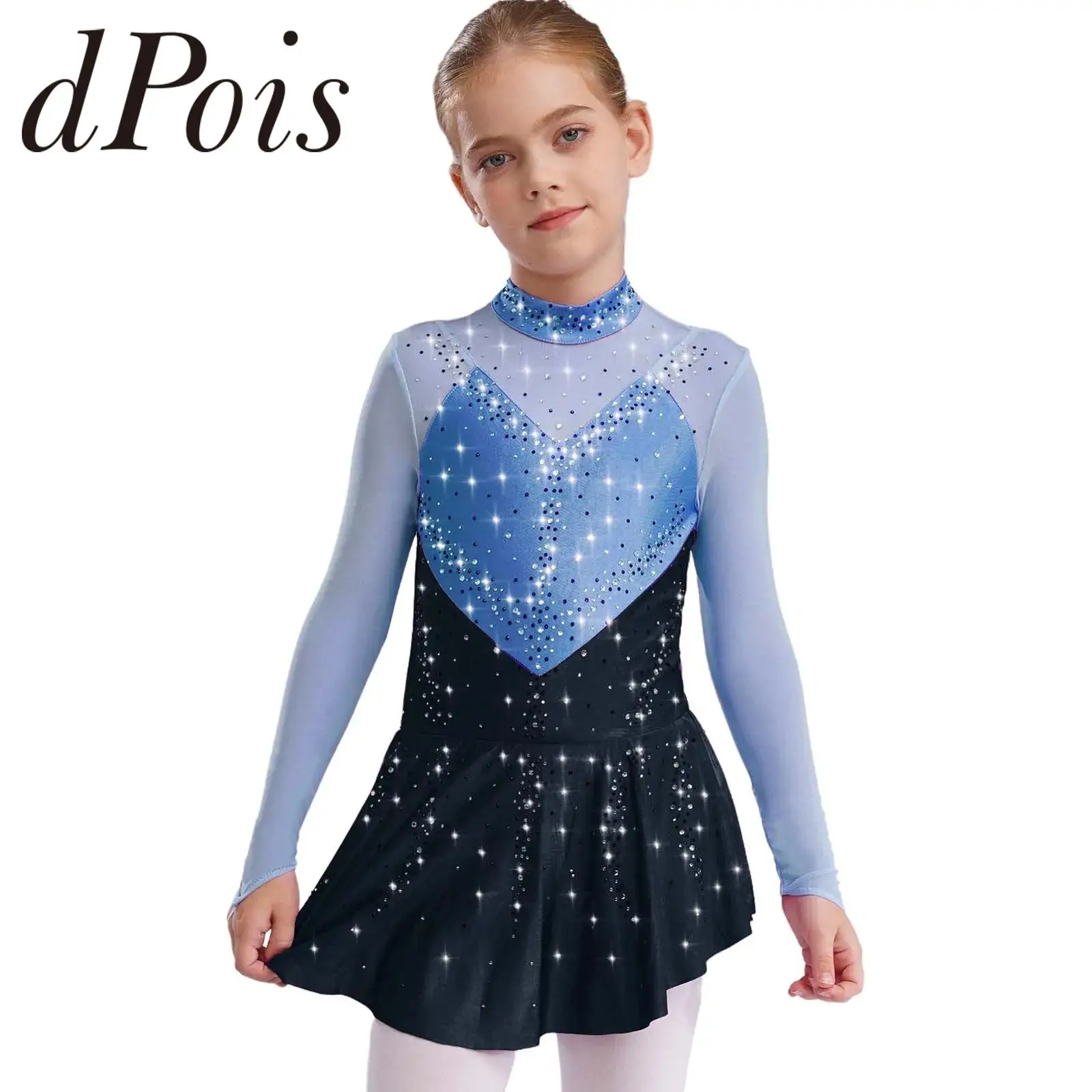 

Kids Ballet Gymnastics Leotard Long Sleeve Sheer Mesh Rhinestones Dance Dress Girls Figure Skating Lyrical Dress Dancewear