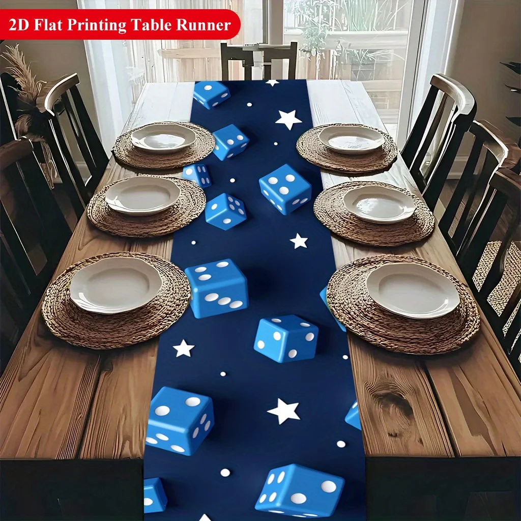 1 Piece Blue Dice and White Star Element Table Runner, Suitable for Farmhouse, Indoor, Kitchen, Celebrations, Table Decoration, Restaurant, and Banquet Decoration Supplies