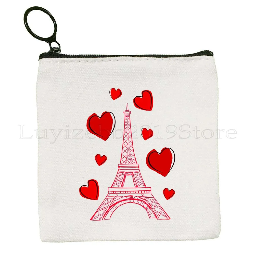 Liebe Paris Frankreich Karte Flagge Eiffelturm Stadt Sehenswürdigkeiten Mops Leben Leinwand Tasche Geldbörse Schlüsseletui Tasche Brieftasche Reißverschlusstasche