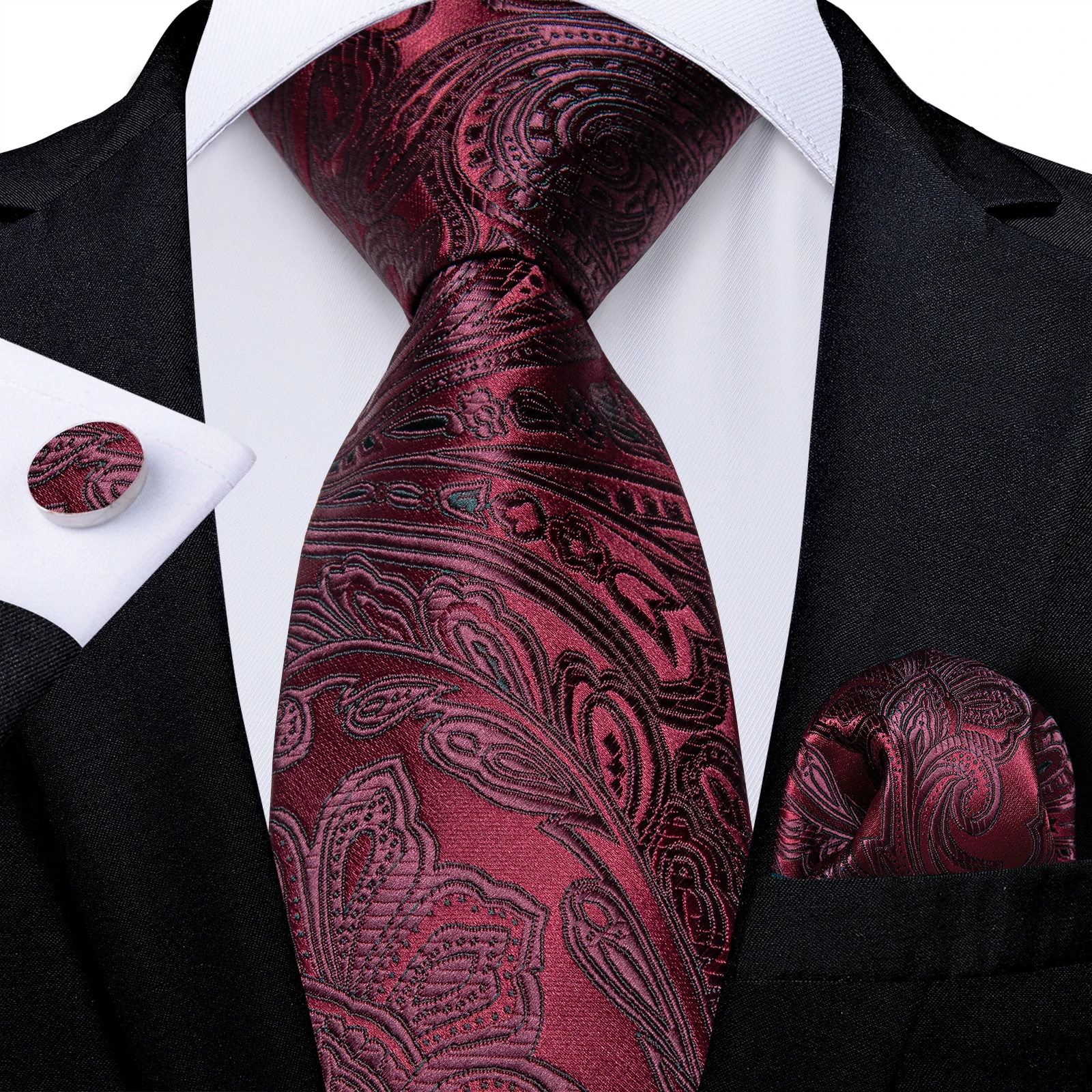 

Burgundy Dark Red Paisley Floral Men's 8cm Silk Tie Handkerchief Cufflinks Suit Accessories for Men Wedding Party Necktie