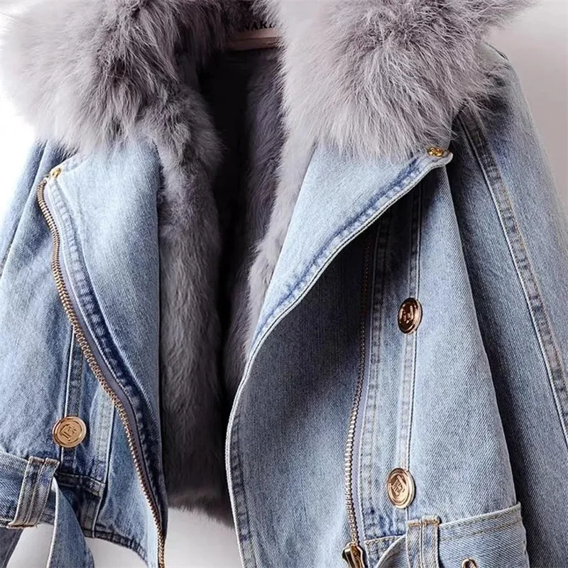 

Winter Denim Jacket With Women's Fleece Warm Cowboy Coat New Detachable Imitation Fox Rabbit Fur Inner liner Short Denim Jacket