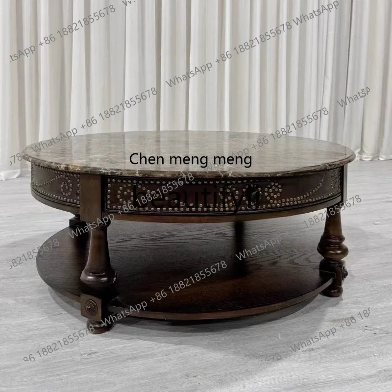 

N178 G American oak whiskey round marble coffee table solid wood carving rivet coffee table