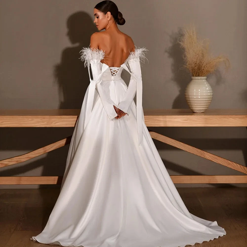 Elegant Wedding Dresses A-Line Satin Bridal Gowns Boat Neck Off The Shoulder Robes Feather Decoration Vestidos De Novia 2024