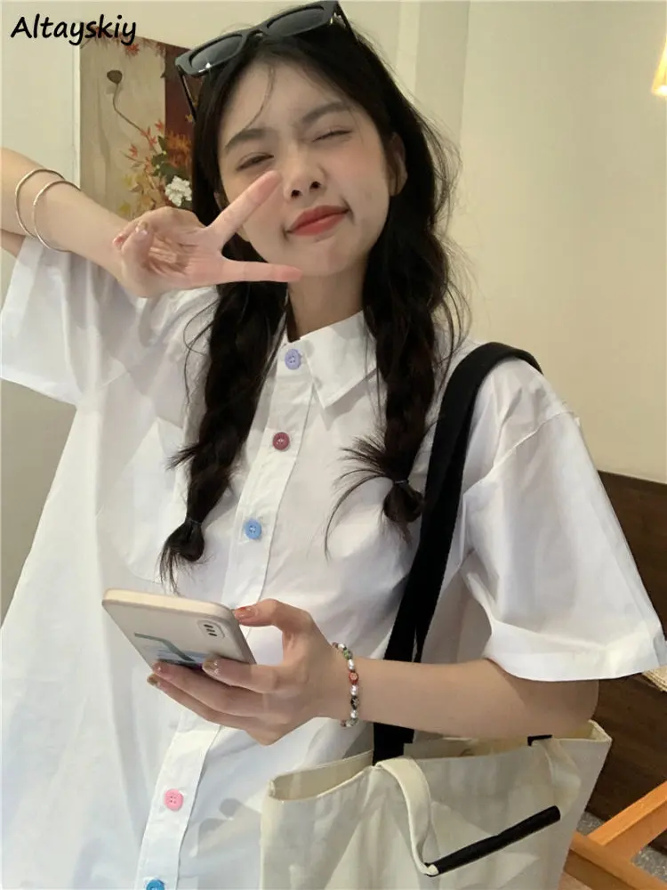 

Shirts Women Sweet Baggy Buttons Casual Vintage Japanese Style All-match Tops Chic Lapel Simple Popular Summer Harajuku Students