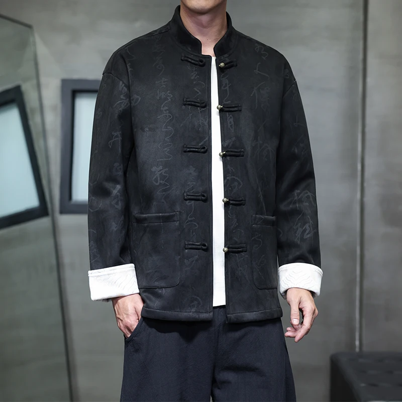

New Chinese Sle Men's Suede Jaet Loose Fit Autumn Winter Faion Retro Button Hanfu Outerwear Long Sve Stand Collar