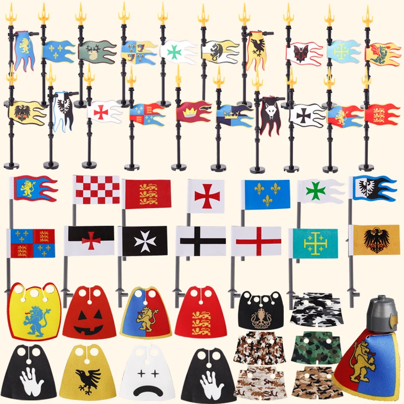 MOC Medieval Military Knight Flag Flagpole Building Blocks Castle Army Infantry Cloaks Clothes Coats Capes War Weapon Bricks Toy