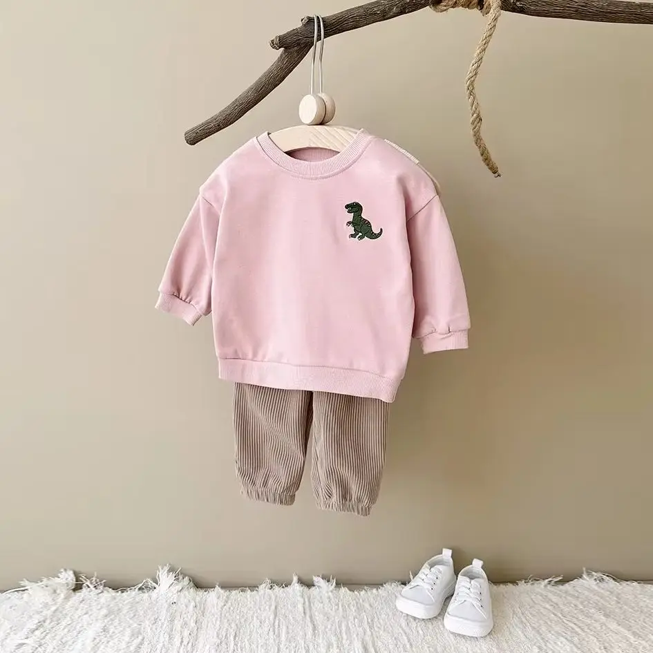 New Spring Baby Dinosaur Embroidery Casual Cute Boys Long Sleeved Sweatshirt+Pants Girls Set Cotton Newborn Clothes 2PCS