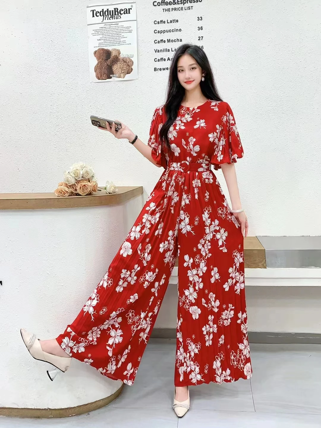 2024 New Summer Women O-Neck Speaker Sleeve Belt Slim Jumpsuit Sweet Floral High Waist Pleated Wide Leg Long Pants Jumpsuit