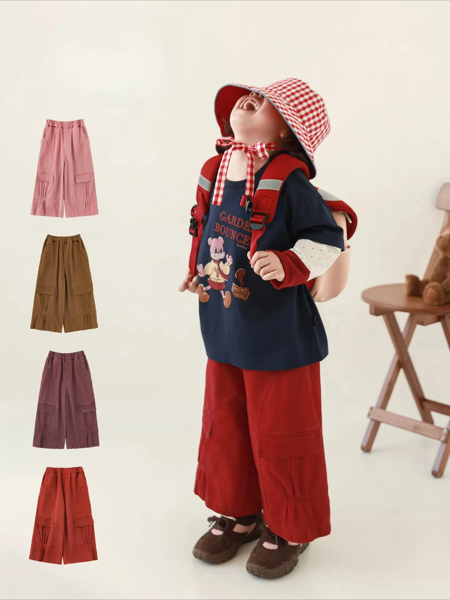 Girls 2026 Spring Vintage Distressed Pure Cotton Loose Straight Utility Pants Kids Casual Bottoms Ages 2-8Y