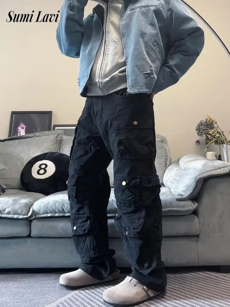 

New Casual Solid Color Loose Straight Jeans Men Fashionable Mutli Pocket Cargo Pants Mens Spring Autumn Vintage Denim Bottoms