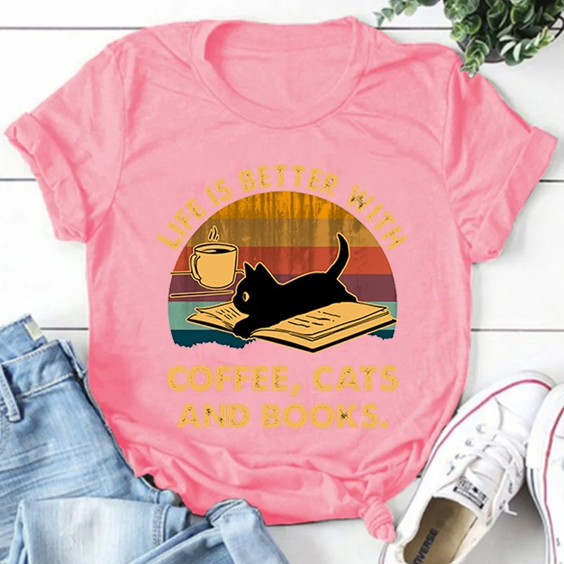Hot Life Is Better With Coffee Cats And Books Print T-Shirt Loose Short Sleeve Harajuku Casual Tops Women Men T-Shirt