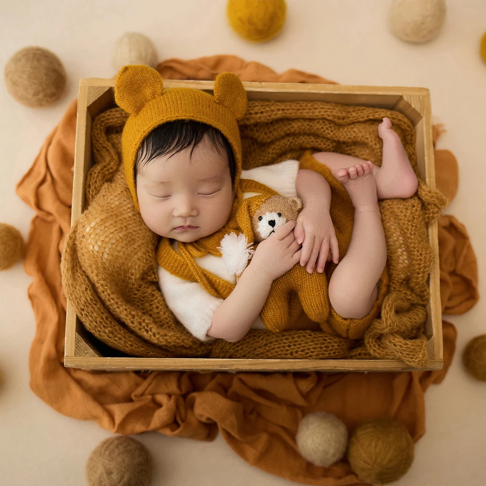 Cute Knitted Baby Jumpsuit Hat Photography Clothing Bear Doll Yarn Ball Shooting Decorative Props Studio Yellow Photo Theme Prop