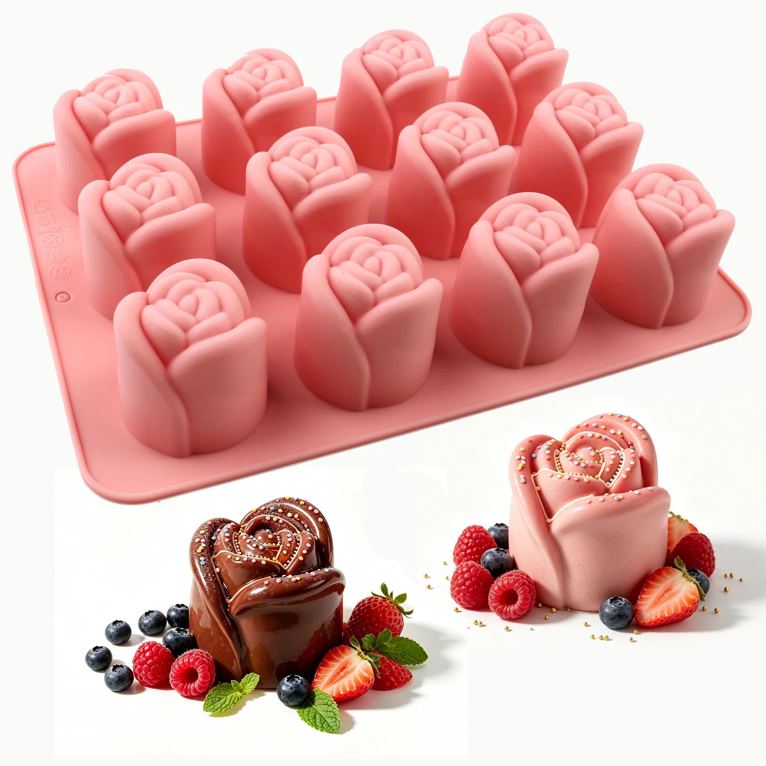 Rose-shaped silicone baking mold, non-stick and easy to release, made of food-grade silicone, suitable for making cupcakes, chocolates, mousses, and other baked goods, baking gifts, DIY for beginners, home baking