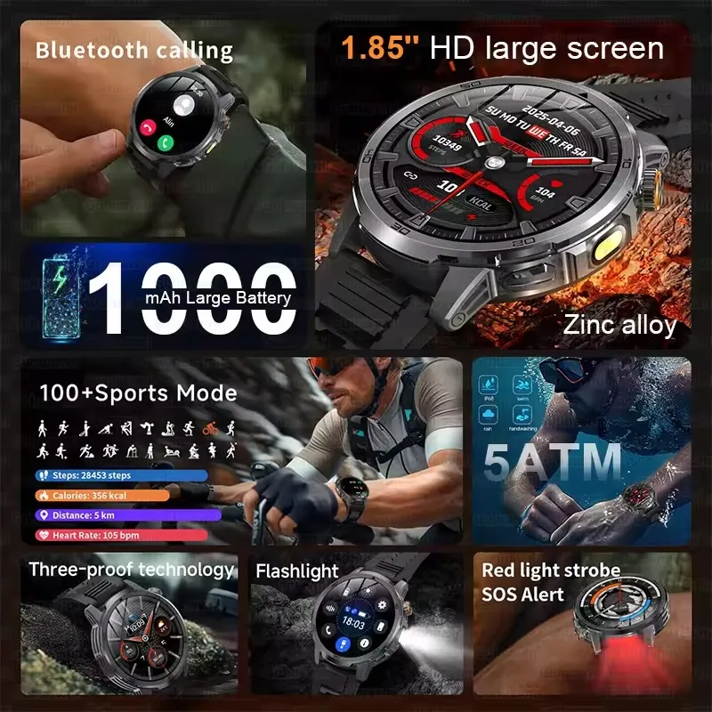 

2026New T-REX3 Smart Watch Fitness Clock 1000mAh Large Battery 10ATM Waterproof Flashlight BT Call Fitness Men Sports Smartwatch