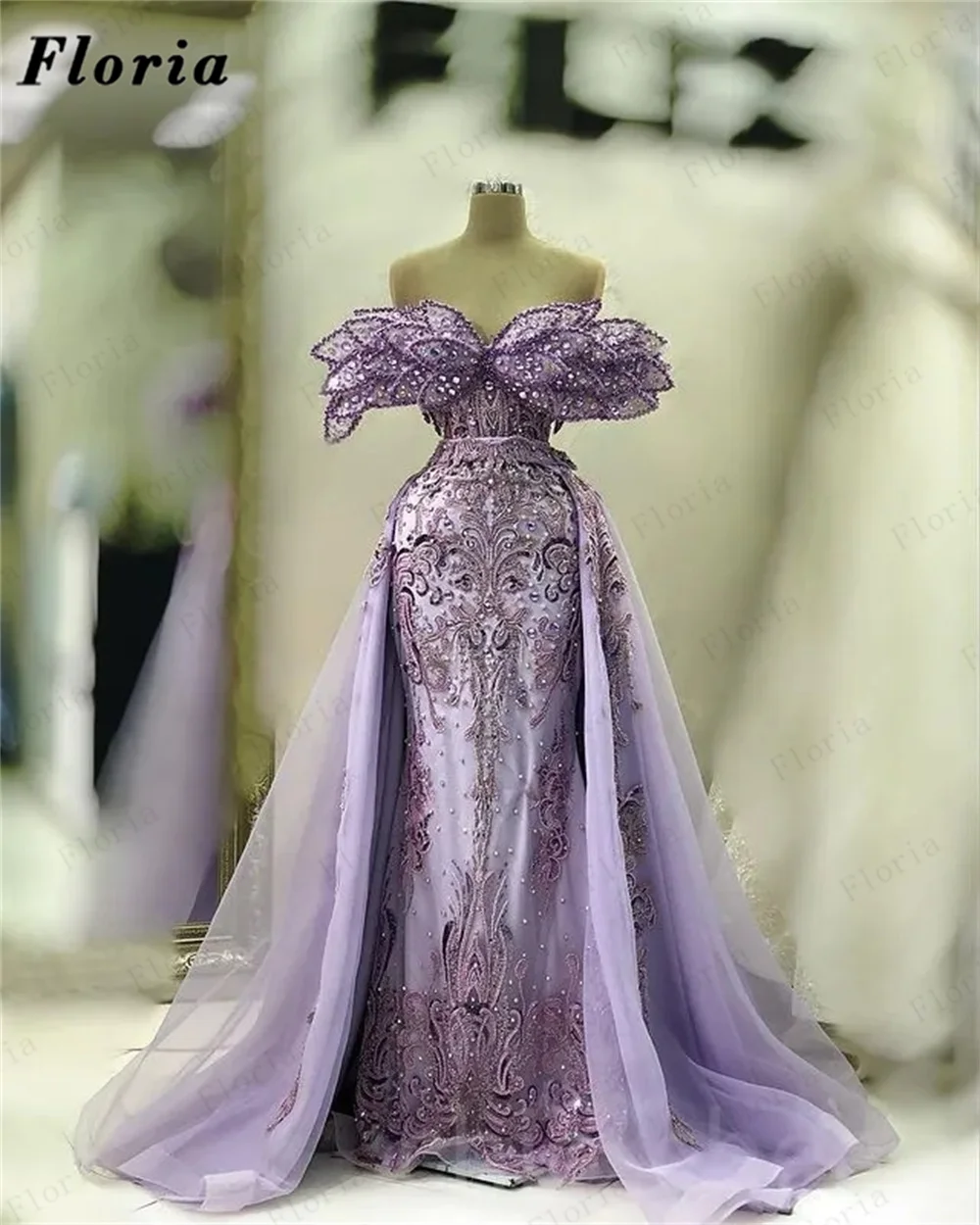 

Lavender Mermaid Long Cocktail Dresses Custom Made Off Shoulder Beaded Sequins Celebrity Party Dress Dubai Women Evening Dress