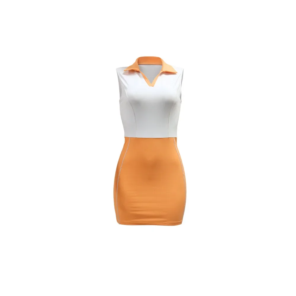 New Fashion Contrast Patchwork Shirt Dress For Women Sleeveless Polo Neck Sporty Mini Dress Night Club Outfits