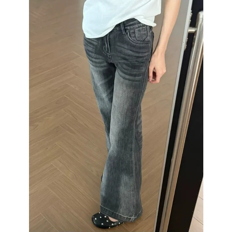 American Vintage Dark Gray Flare Jeans for Women Low Rise New Slim Non Cling Bootcut Denim Streetwear Pants