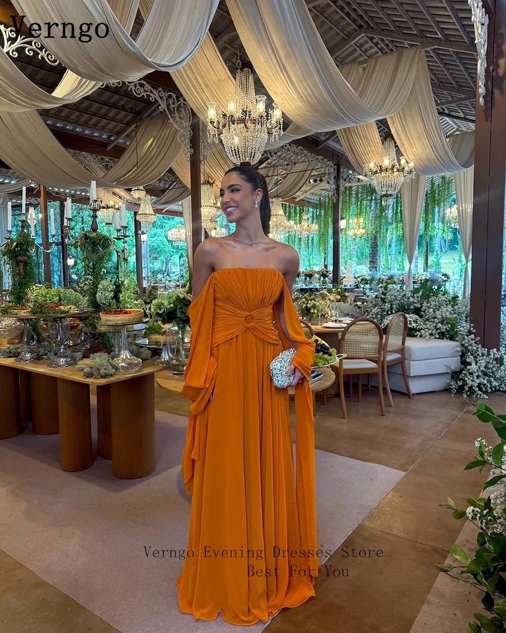 Verngo 오렌지 이브닝 드레스 우아한 오프 숄더 라인 댄스 파티 드레스 흐르는 핸드 플리츠 실크 파티 파티 드레스 맞춤형