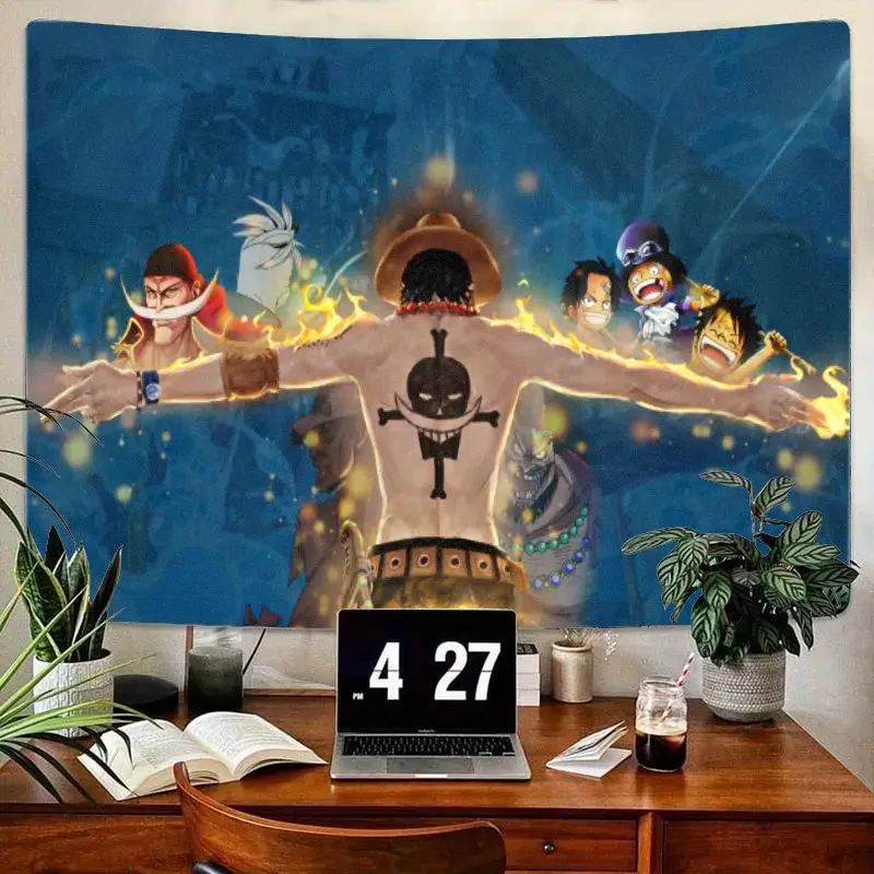 1PC One Piece Ace Flaming Cross Tattoo Anime Tapestry Large Blue Tapestry with Characters Wall Art for Bedroom Living Room Decor