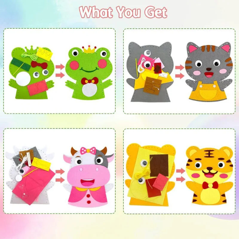 Sewing Animal Hand Puppet Crafts Kit for Kids DIY Cartoon Lion Tiger Penguin Sheep Rabbit Non-woven Hand Doll Puzzle Toys Gifts
